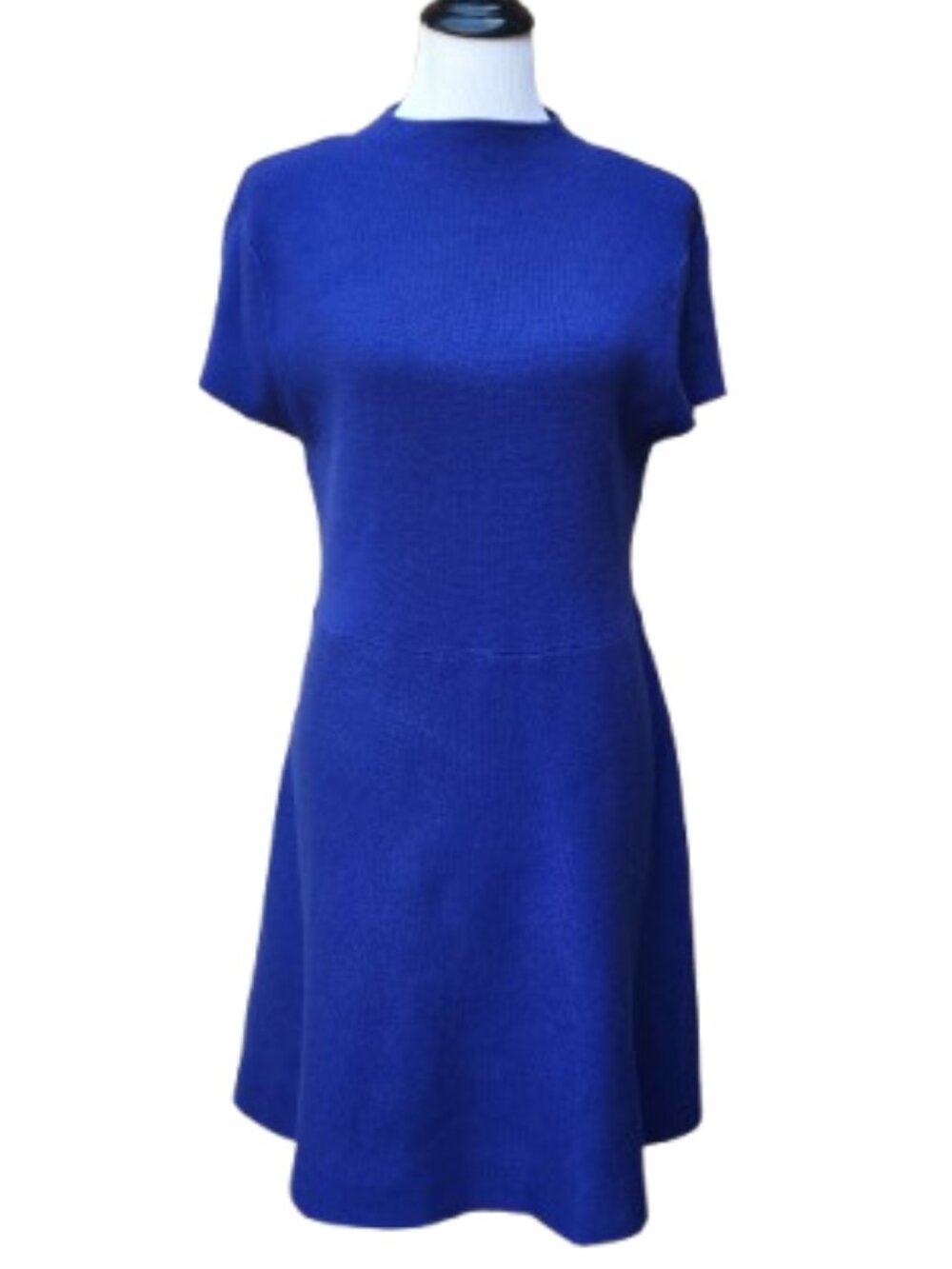 Scoop Blue Knit A-Line Dress Mockneck Short Sleeves Solid Modest
